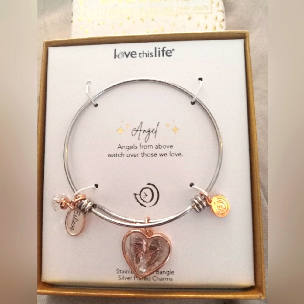 Love this life Angel bangle stainless steel silver plated charm bracelet